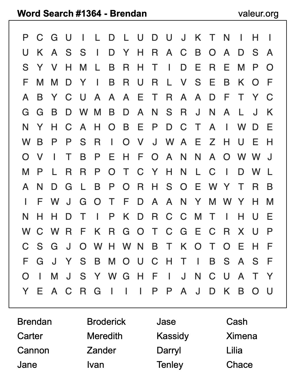 Word Search Puzzle with the name Brendan #1364 Word Search Puzzle with the name Brendan #1364