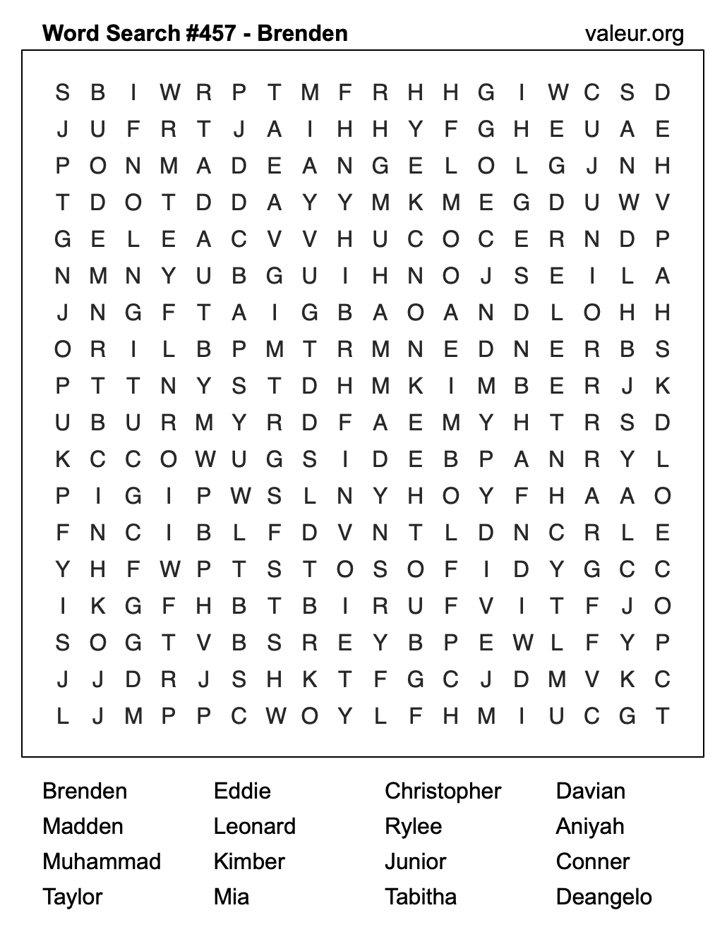 Word Search Puzzle with the name Brenden #457