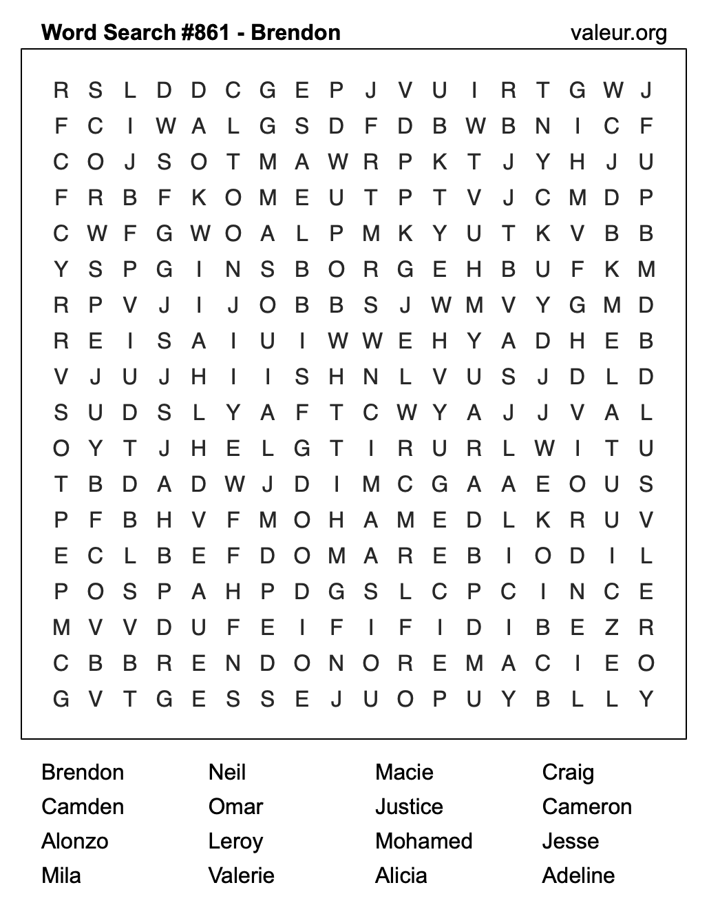 Word Search Puzzle with the name Brendon #861 Word Search Puzzle with the name Brendon #861