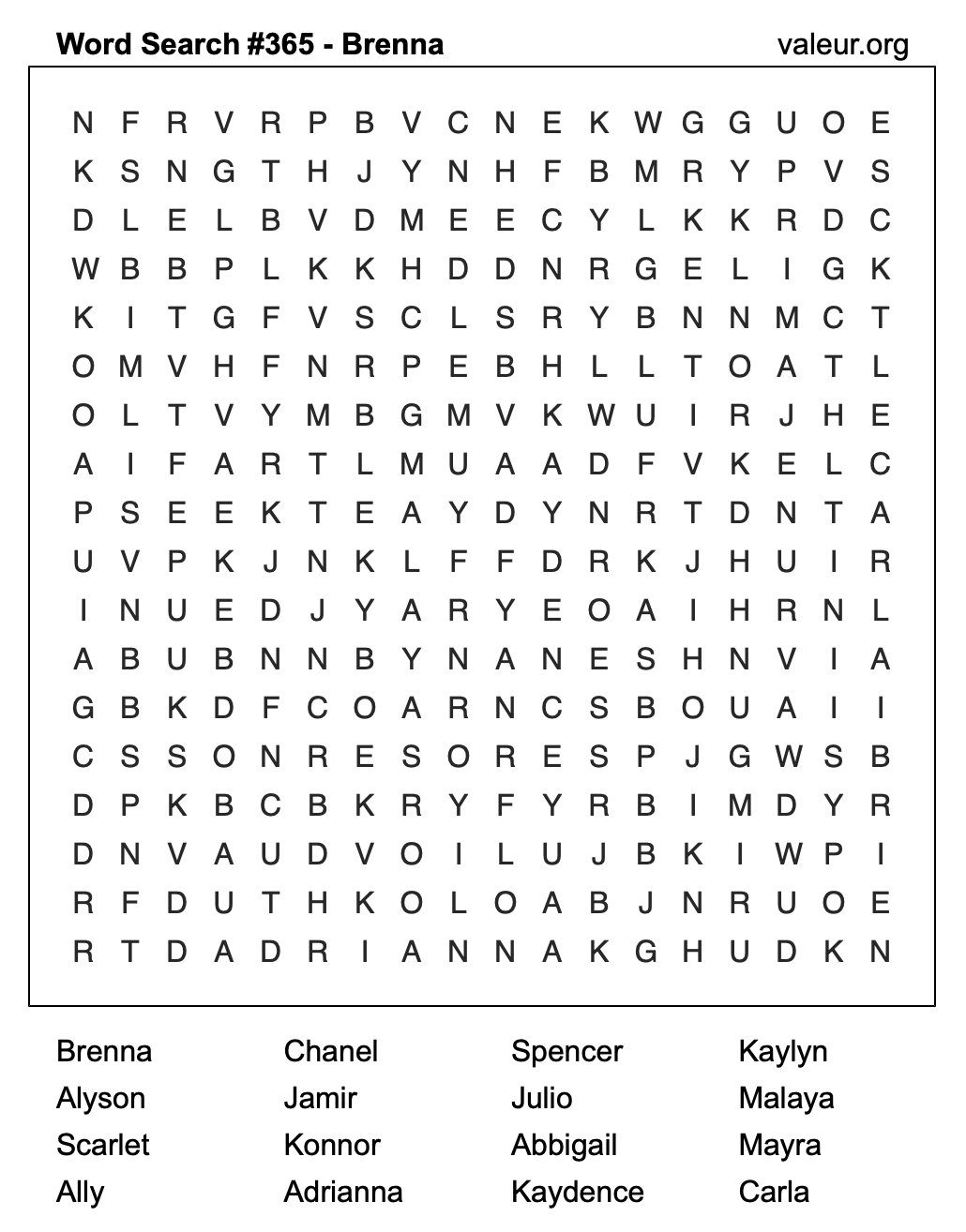 Word Search Puzzle with the name Brenna #365 Word Search Puzzle with the name Brenna #365