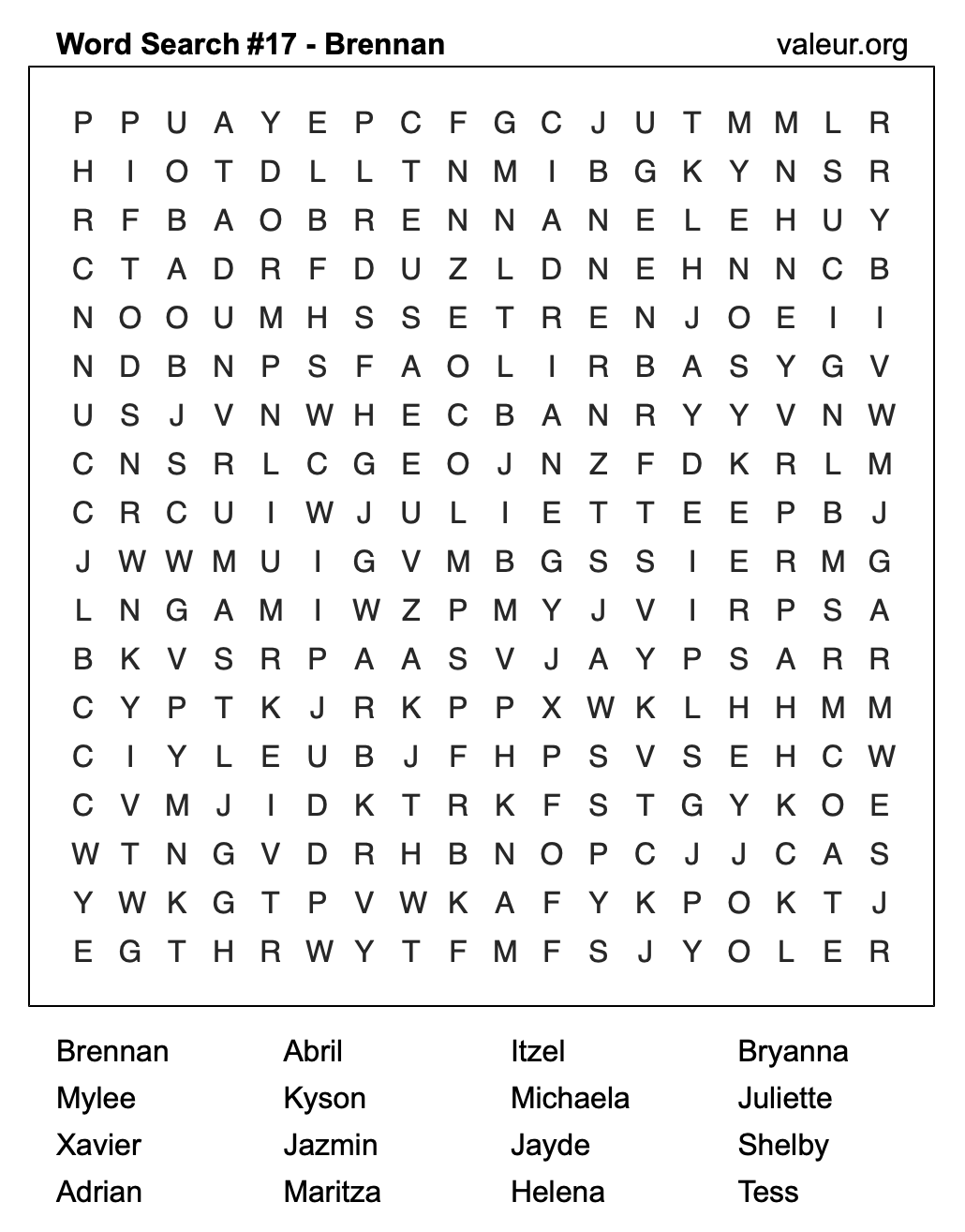 Word Search Puzzle with the name Brennan #17 Word Search Puzzle with the name Brennan #17