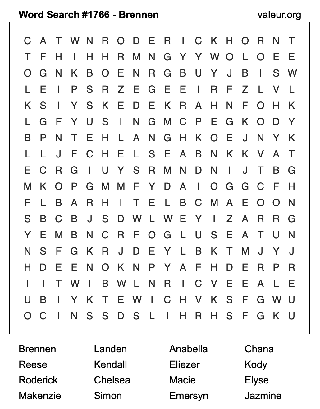 Word Search Puzzle with the name Brennen #1766