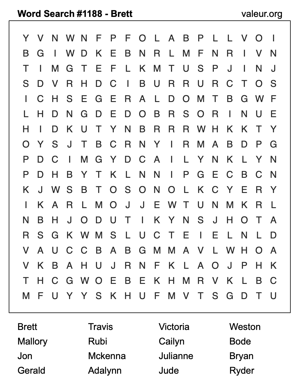 Word Search Puzzle with the name Brett #1188