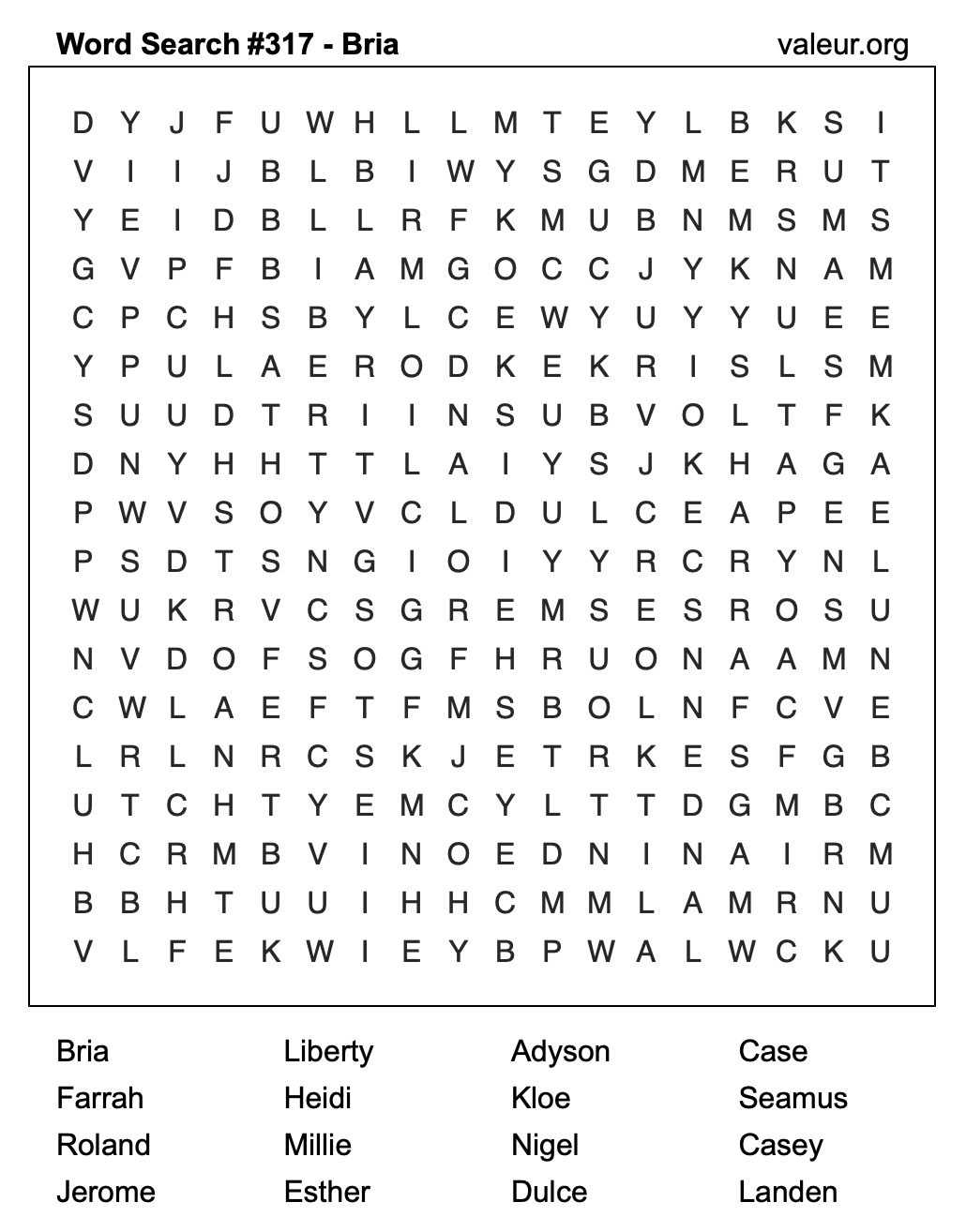 Word Search Puzzle with the name Bria #317