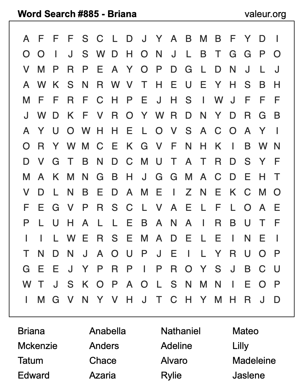 Word Search Puzzle with the name Briana #885