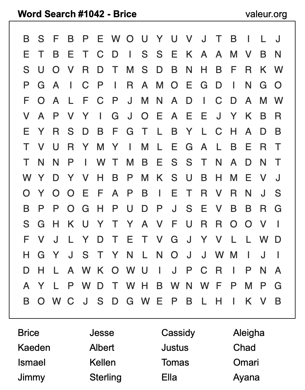 Word Search Puzzle with the name Brice #1042
