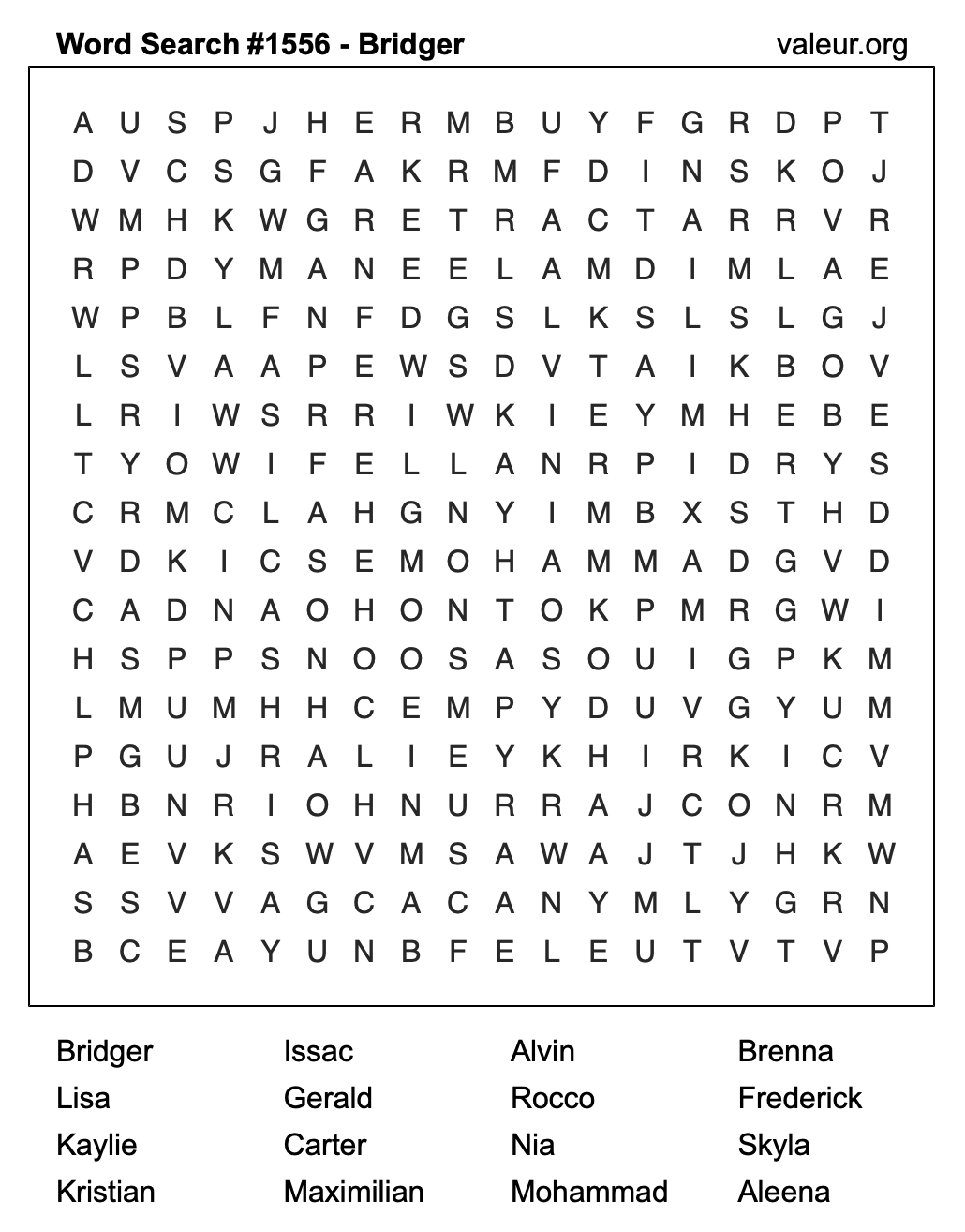 Word Search Puzzle with the name Bridger #1556