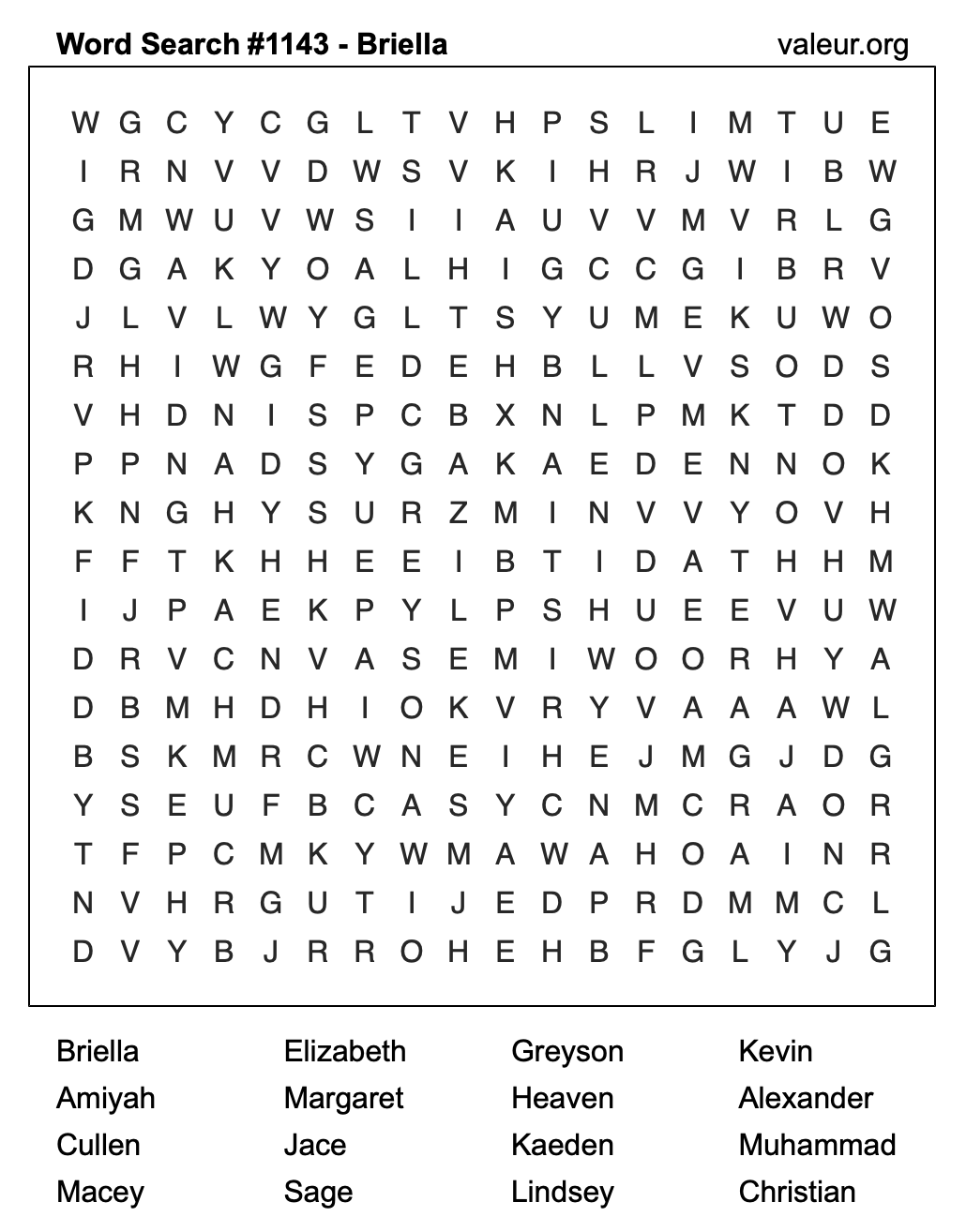 Word Search Puzzle with the name Briella #1143