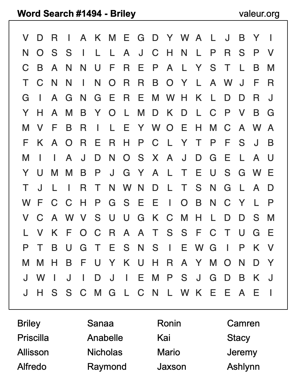 Word Search Puzzle with the name Briley #1494
