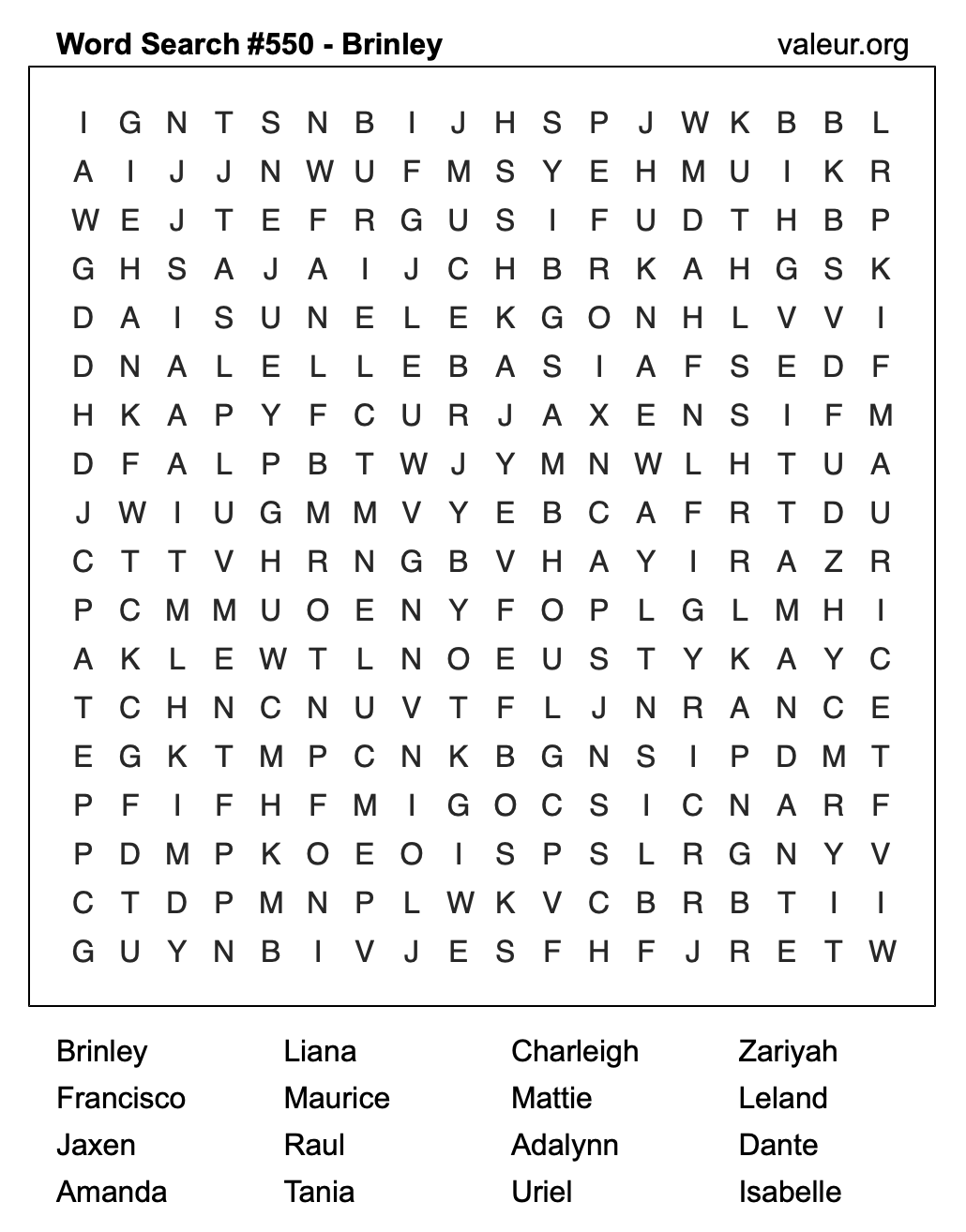 Word Search Puzzle with the name Brinley #550