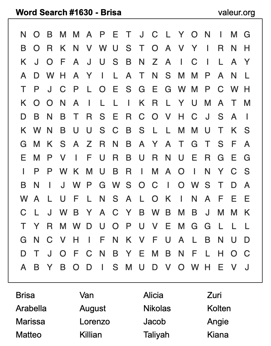 Word Search Puzzle with the name Brisa #1630 Word Search Puzzle with the name Brisa #1630