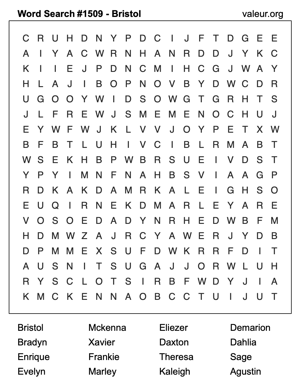 Word Search Puzzle with the name Bristol #1509