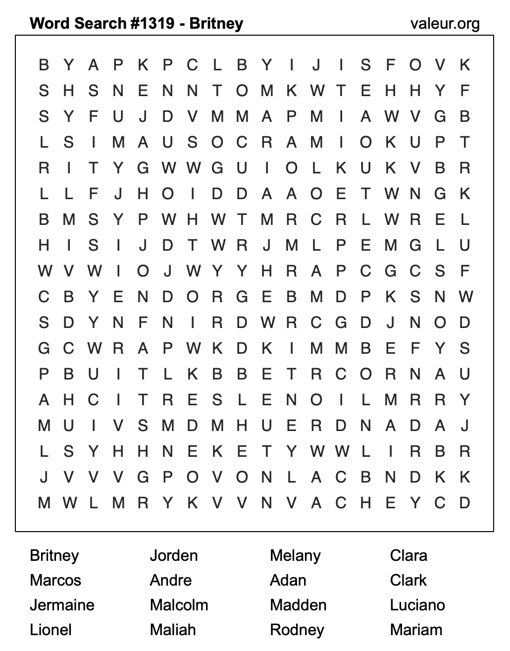 Word Search Puzzle with the name Britney #1319
