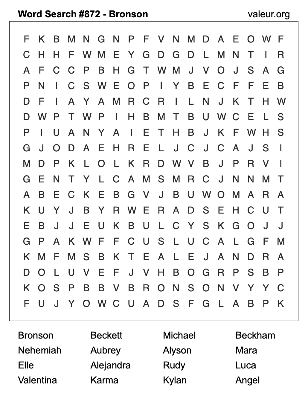 Word Search Puzzle with the name Bronson #872 Word Search Puzzle with the name Bronson #872