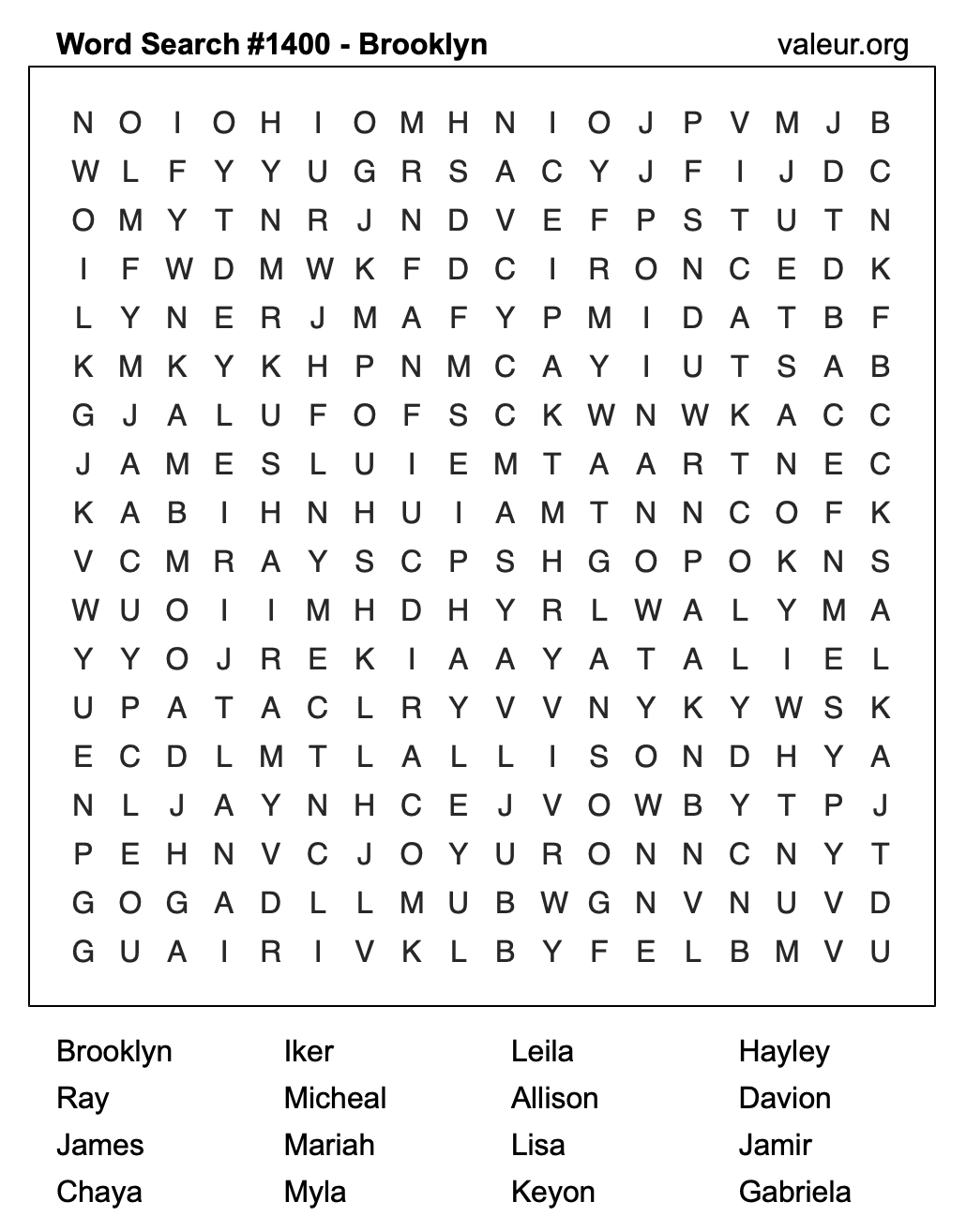 Word Search Puzzle with the name Brooklyn #1400