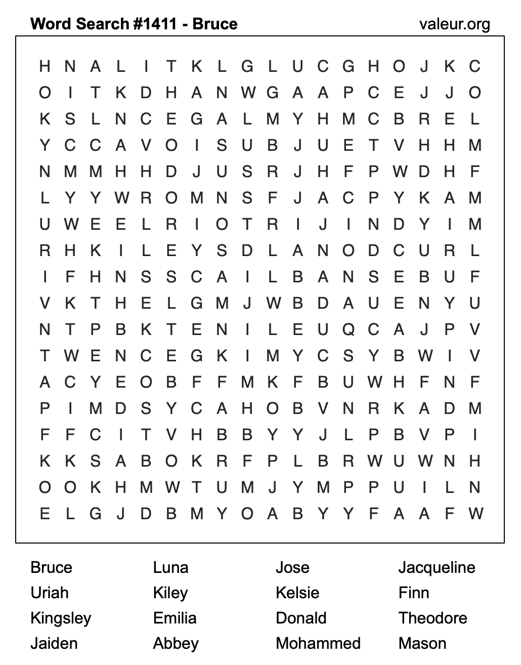 Word Search Puzzle with the name Bruce #1411