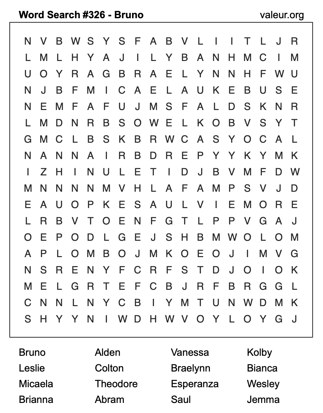 Word Search Puzzle with the name Bruno #326