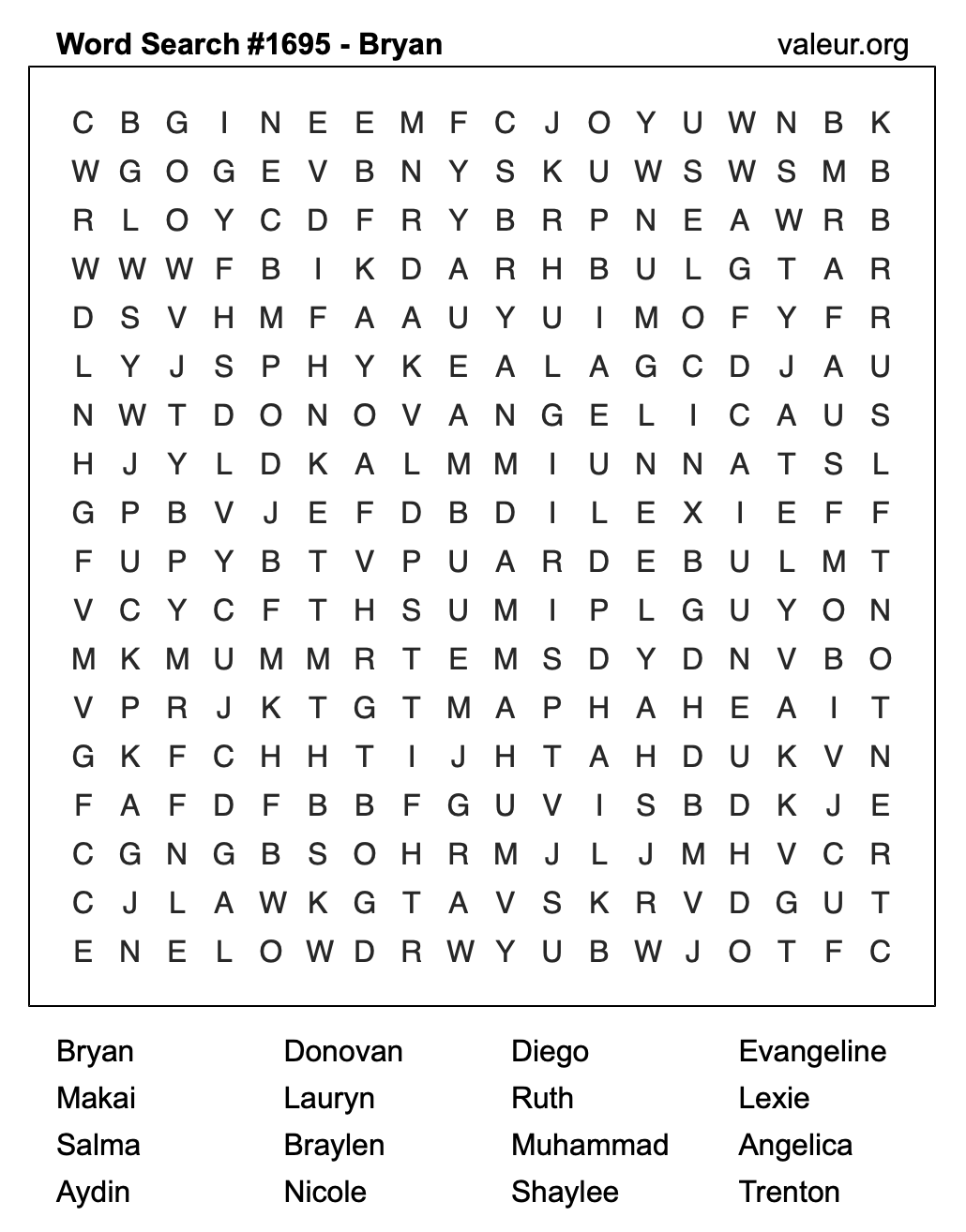 Word Search Puzzle with the name Bryan #1695 Word Search Puzzle with the name Bryan #1695