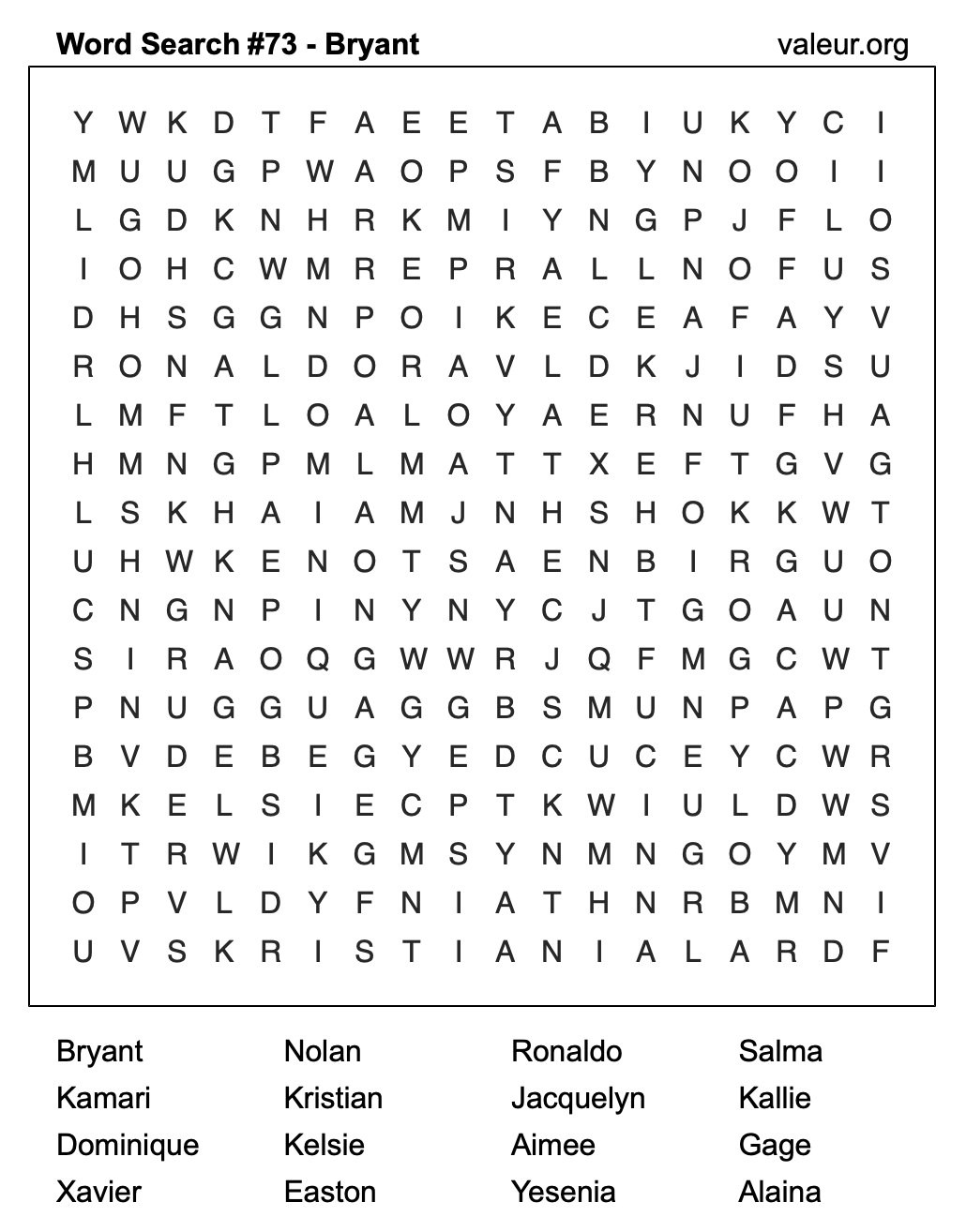 Word Search Puzzle with the name Bryant #73 Word Search Puzzle with the name Bryant #73