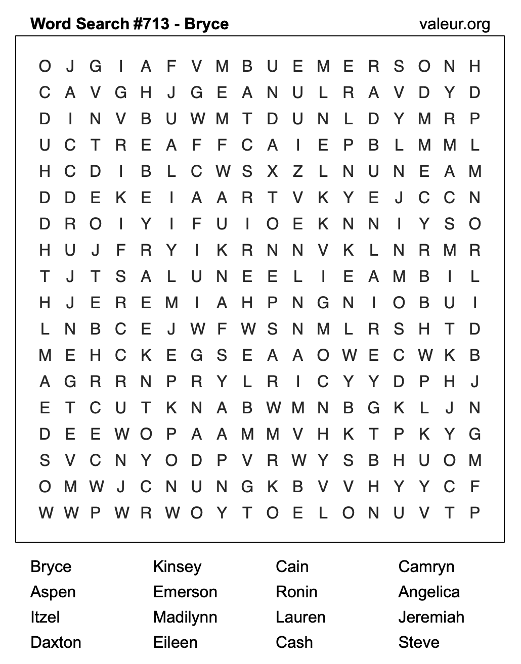 Word Search Puzzle with the name Bryce #713 Word Search Puzzle with the name Bryce #713