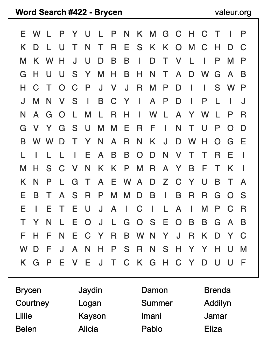Word Search Puzzle with the name Brycen #422