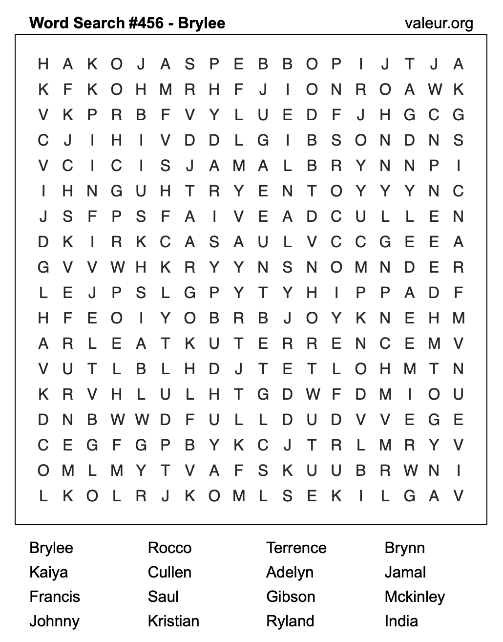 Word Search Puzzle with the name Brylee #456