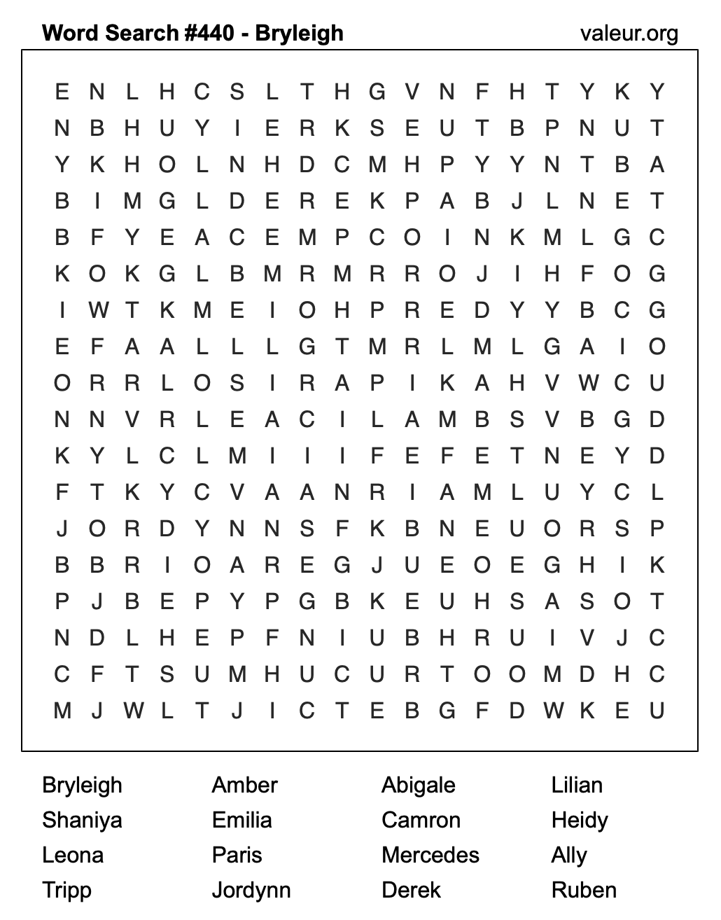 Word Search Puzzle with the name Bryleigh #440