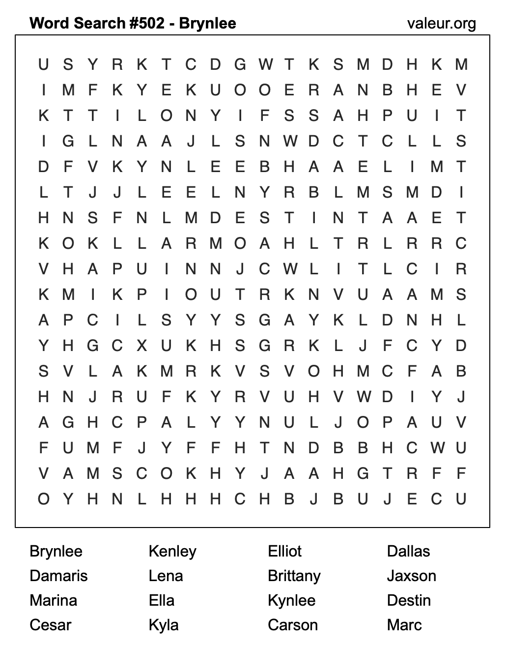 Word Search Puzzle with the name Brynlee #502 Word Search Puzzle with the name Brynlee #502