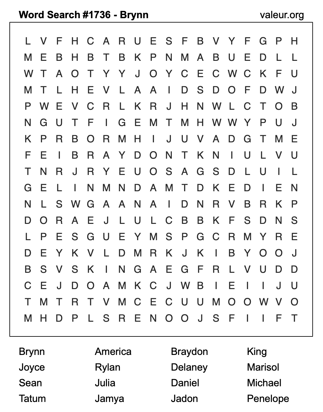 Word Search Puzzle with the name Brynn #1736