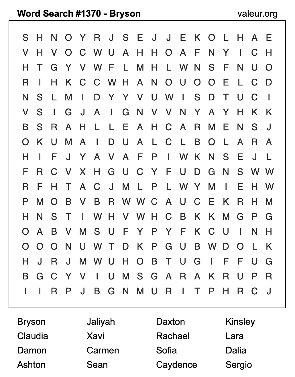 Word Search Puzzle with the name Bryson #1370 Word Search Puzzle with the name Bryson #1370