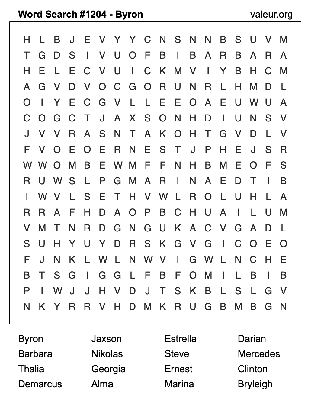 Word Search Puzzle with the name Byron #1204