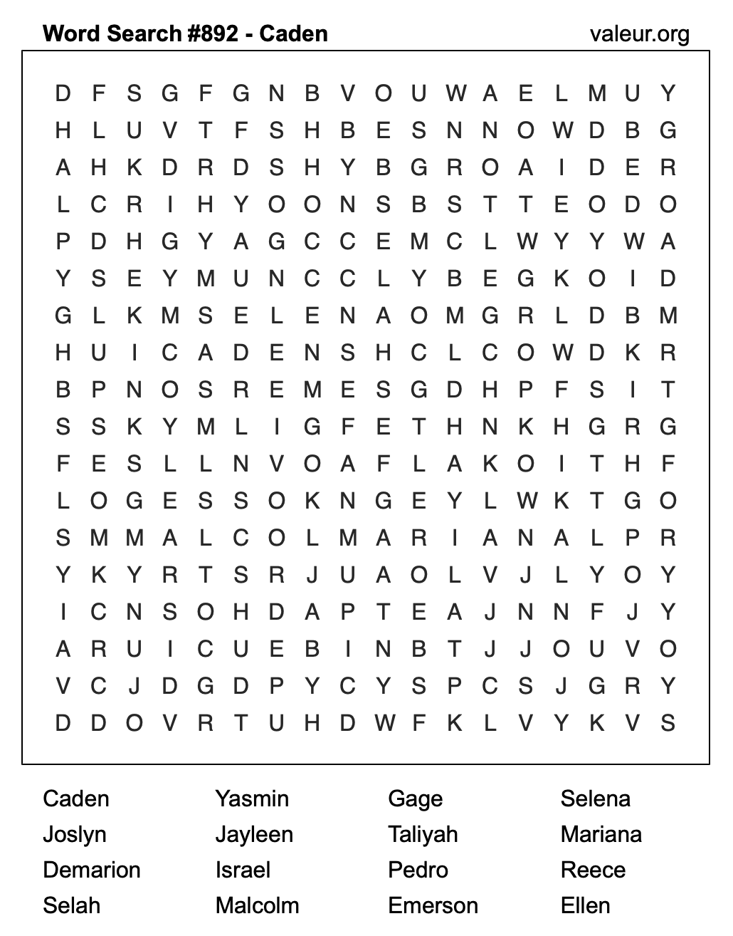 Word Search Puzzle with the name Caden #892