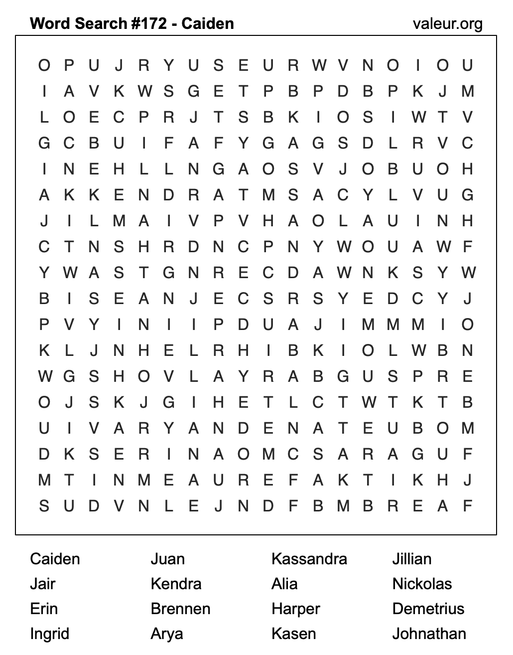 Word Search Puzzle with the name Caiden #172