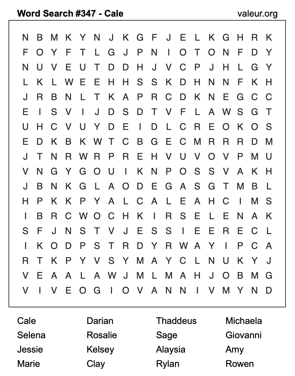 Word Search Puzzle with the name Cale #347