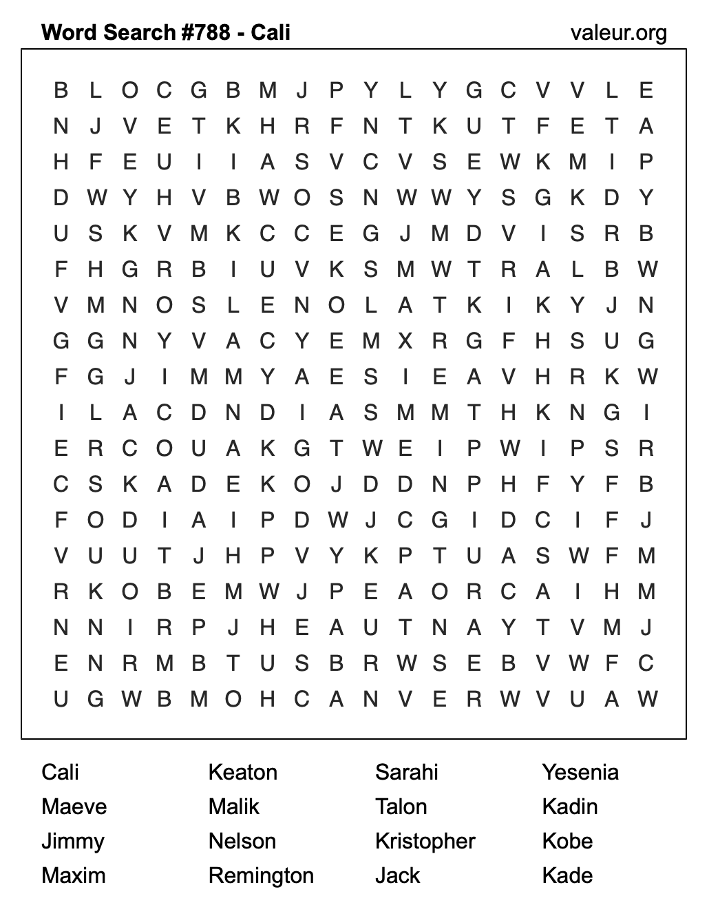 Word Search Puzzle with the name Cali #788