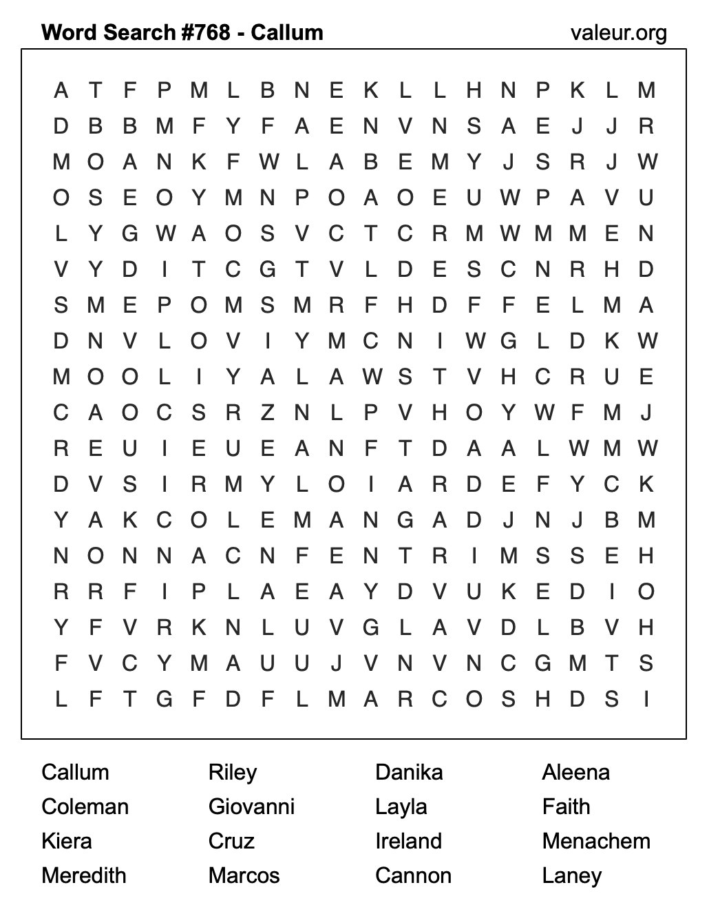 Word Search Puzzle with the name Callum #768 Word Search Puzzle with the name Callum #768