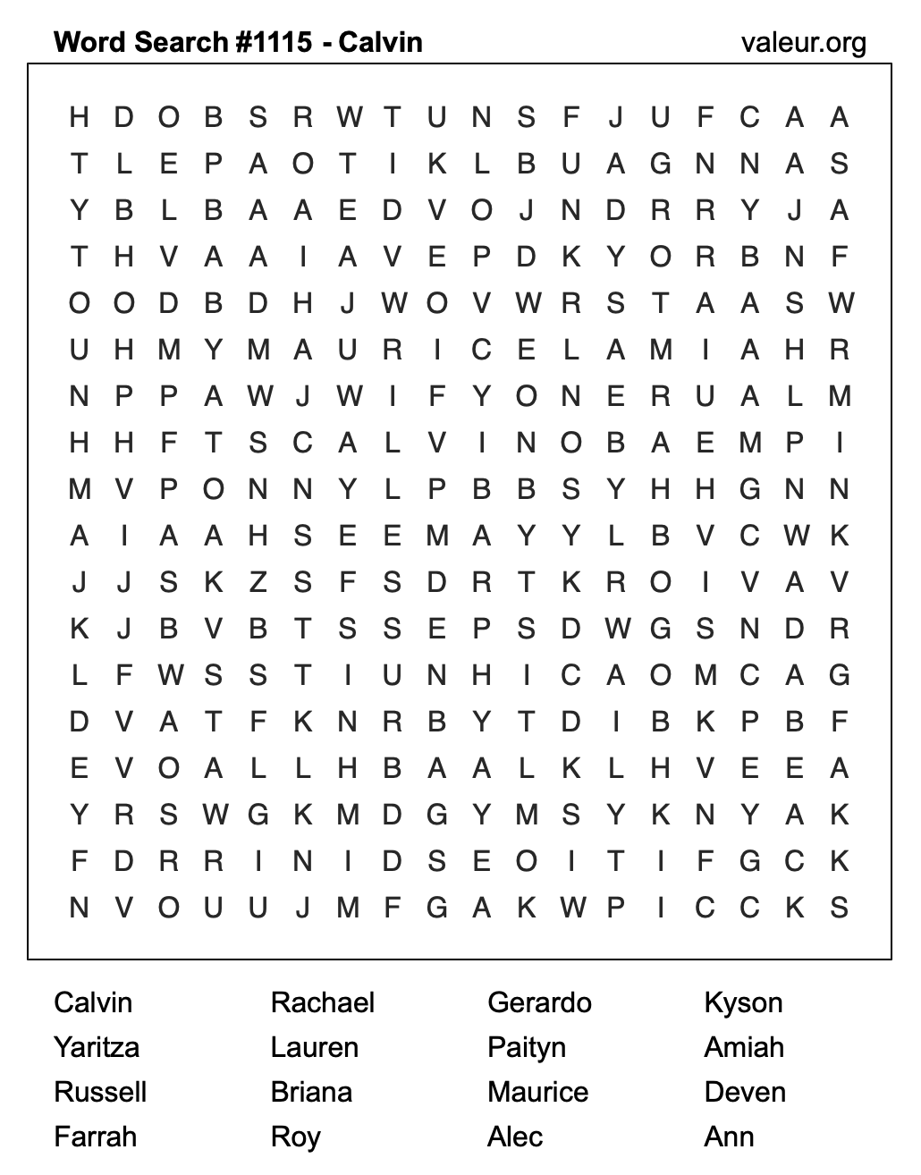 Word Search Puzzle with the name Calvin #1115