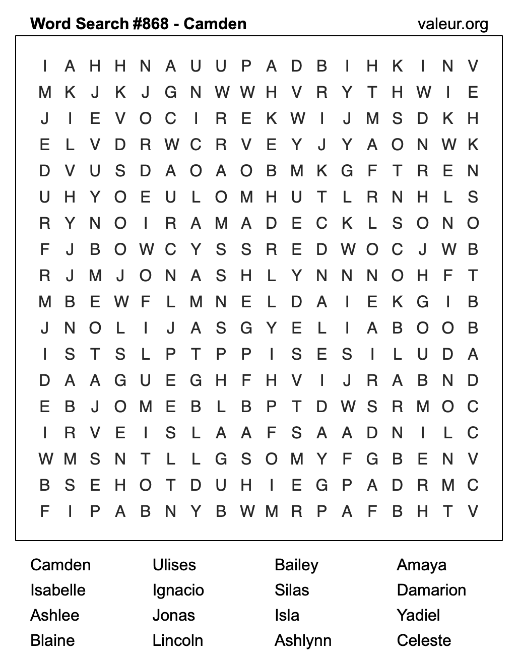 Word Search Puzzle with the name Camden #868 Word Search Puzzle with the name Camden #868
