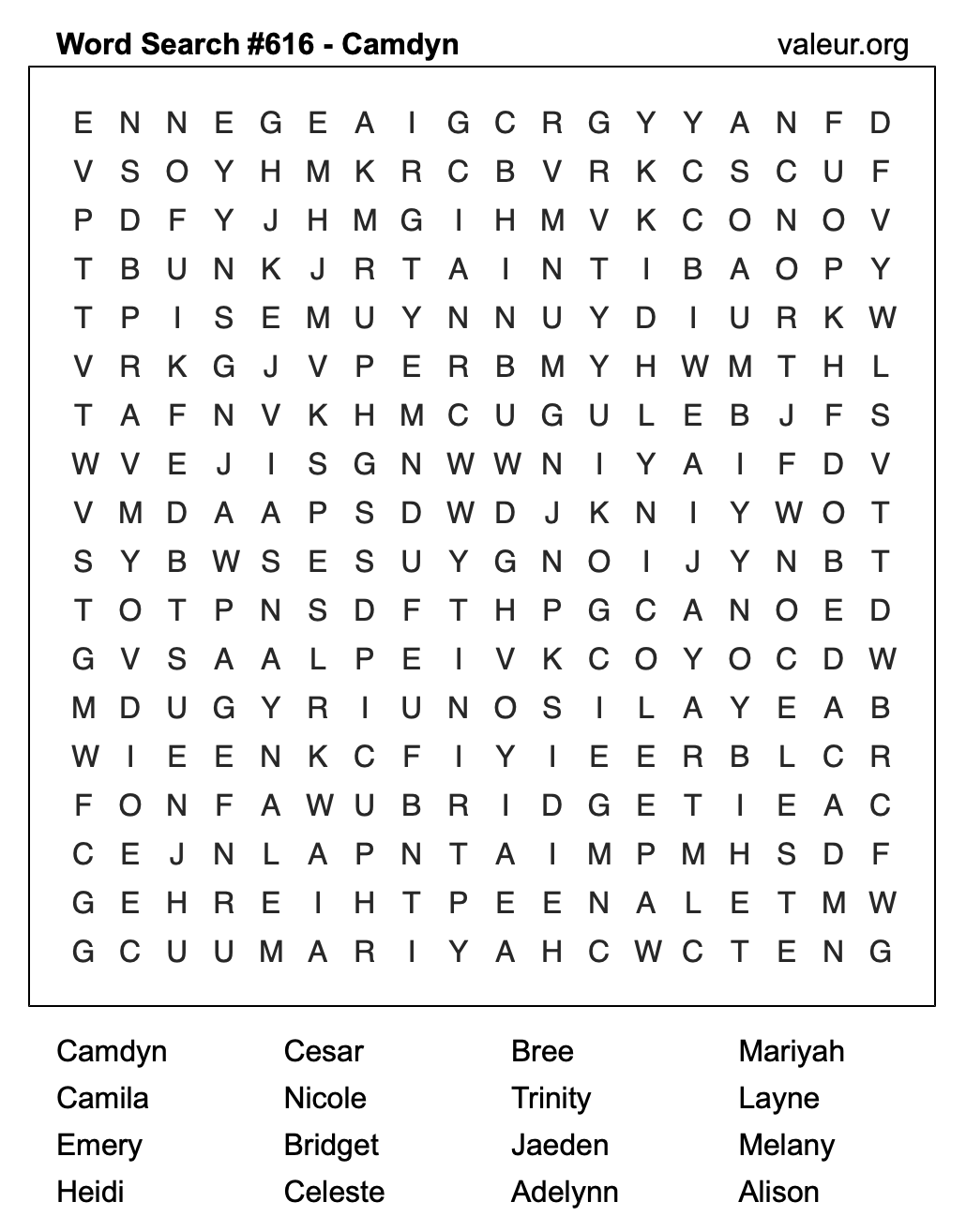 Word Search Puzzle with the name Camdyn #616 Word Search Puzzle with the name Camdyn #616