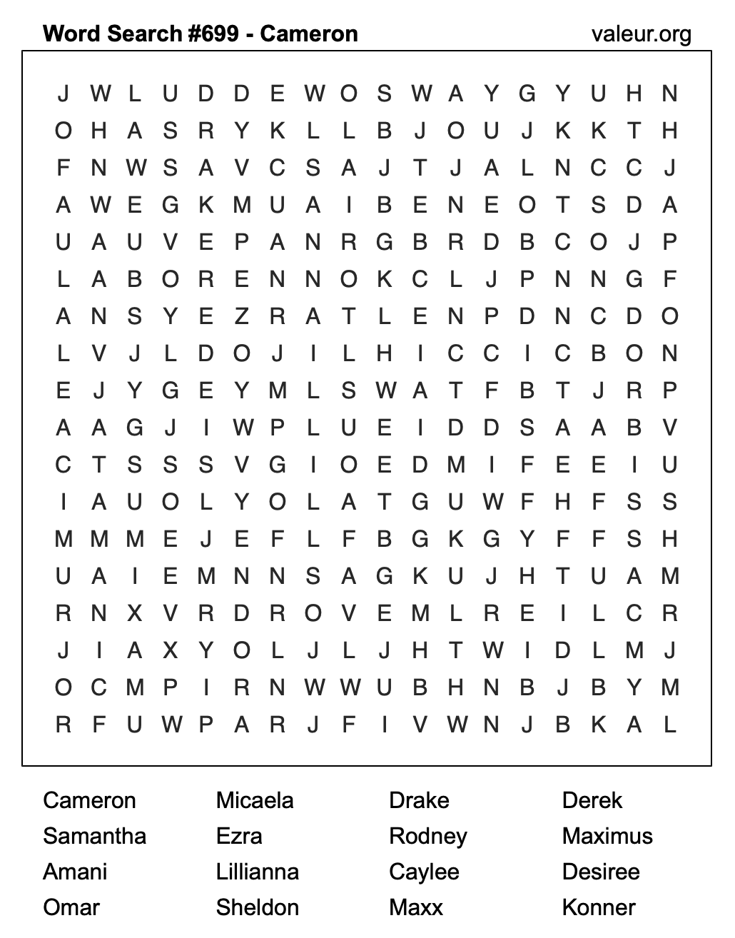 Word Search Puzzle with the name Cameron #699