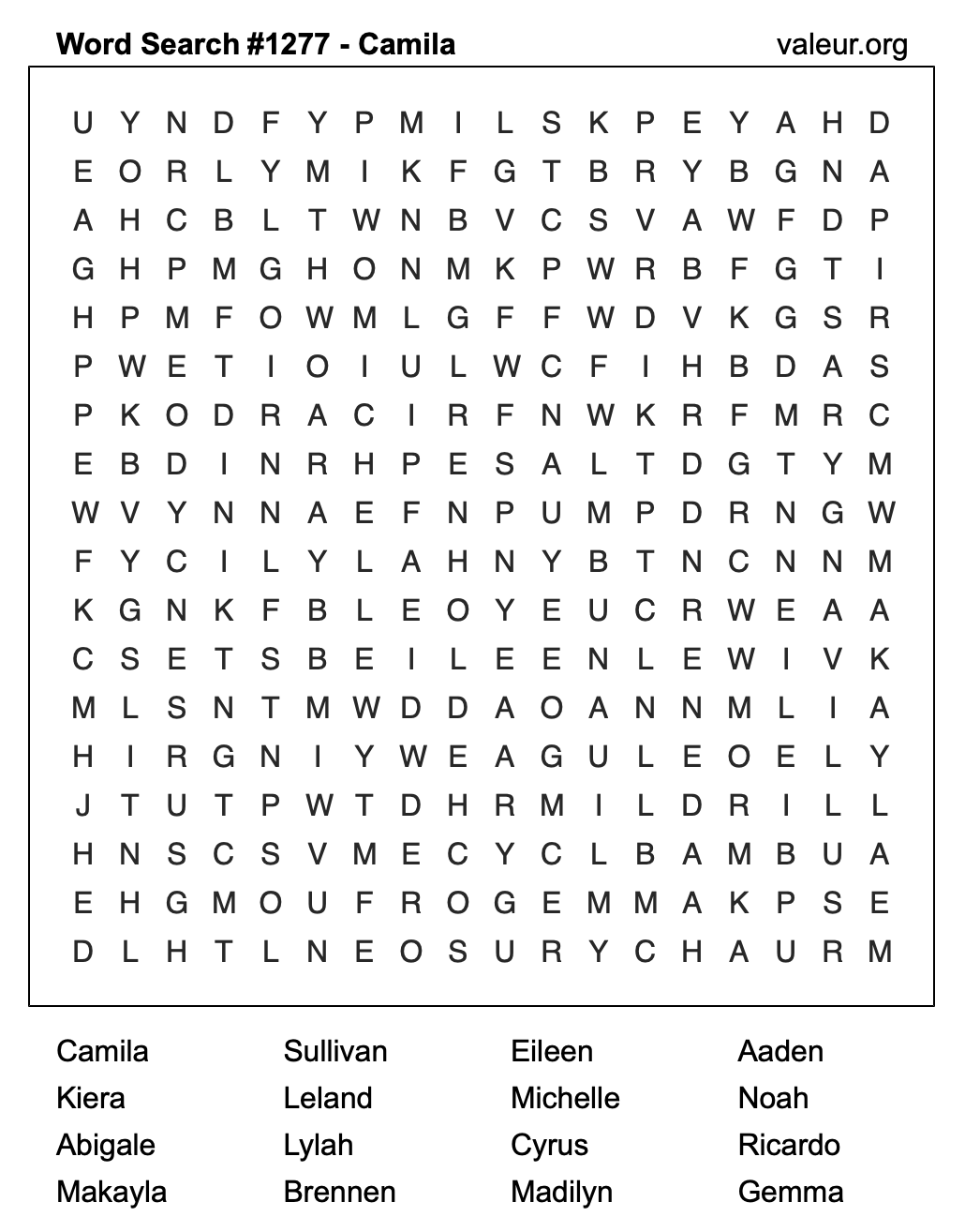 Word Search Puzzle with the name Camila #1277 Word Search Puzzle with the name Camila #1277