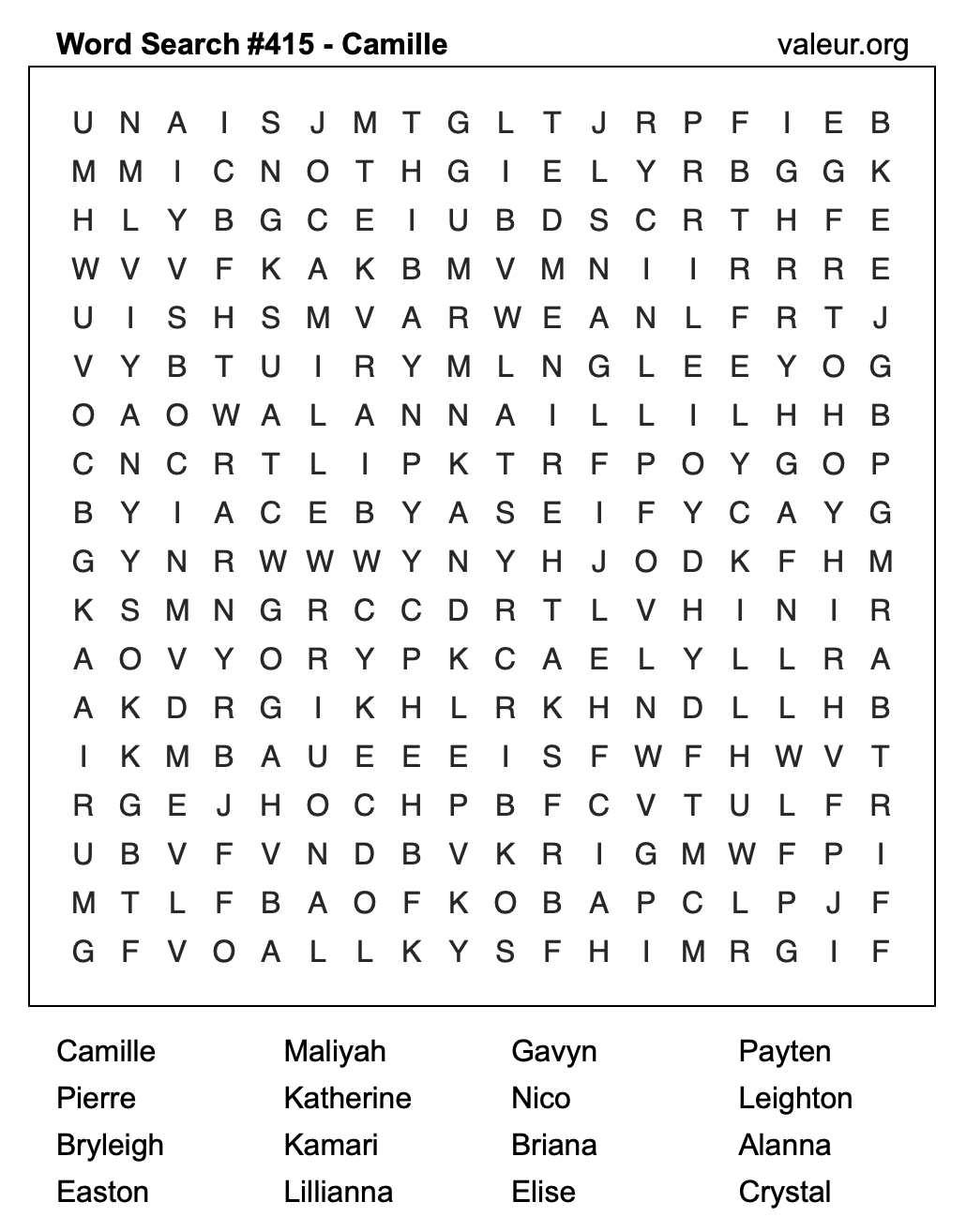 Word Search Puzzle with the name Camille #415 Word Search Puzzle with the name Camille #415