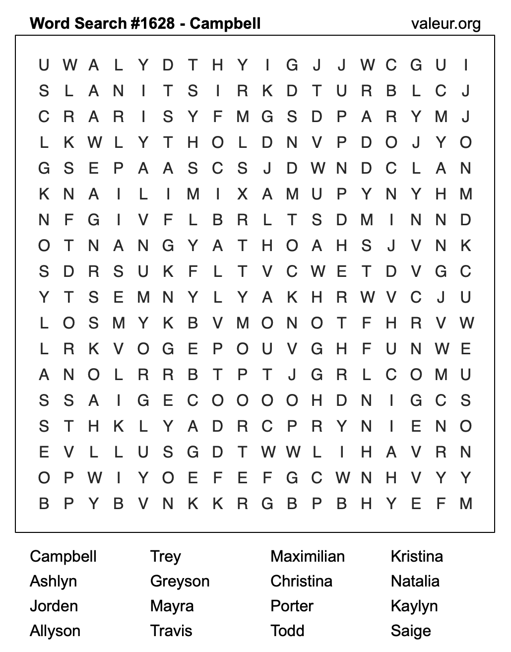 Word Search Puzzle with the name Campbell #1628 Word Search Puzzle with the name Campbell #1628