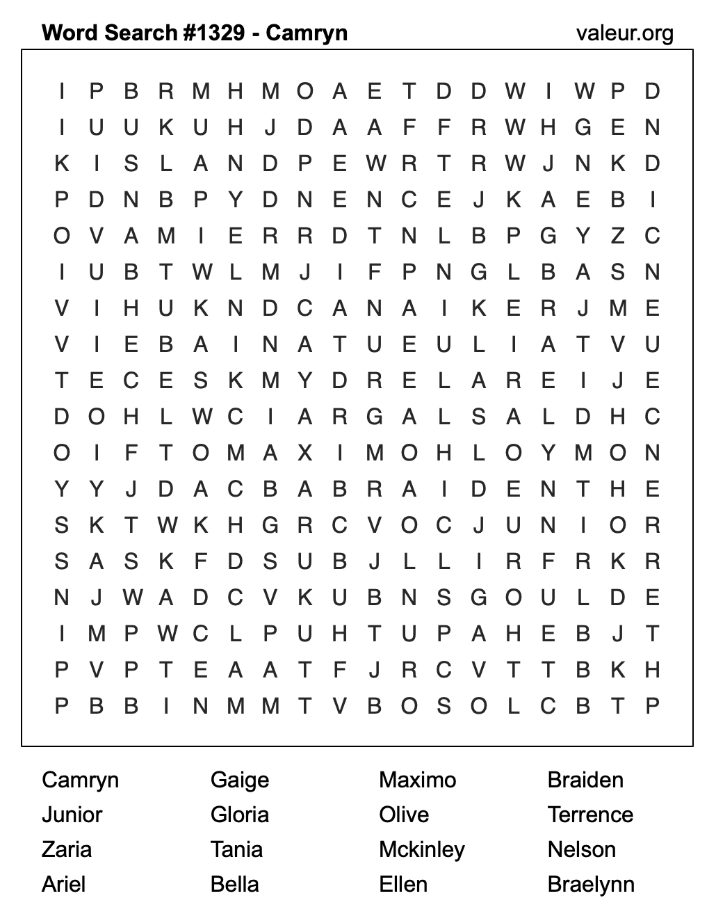 Word Search Puzzle with the name Camryn #1329 Word Search Puzzle with the name Camryn #1329