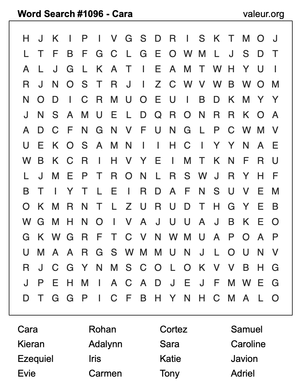 Word Search Puzzle with the name Cara #1096