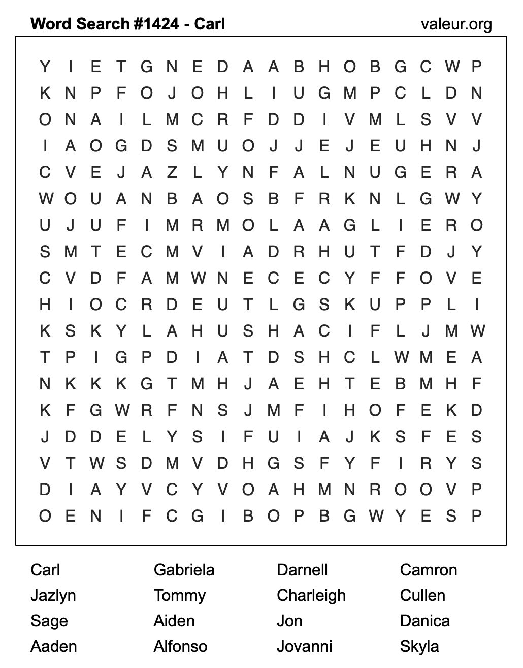 Word Search Puzzle with the name Carl #1424