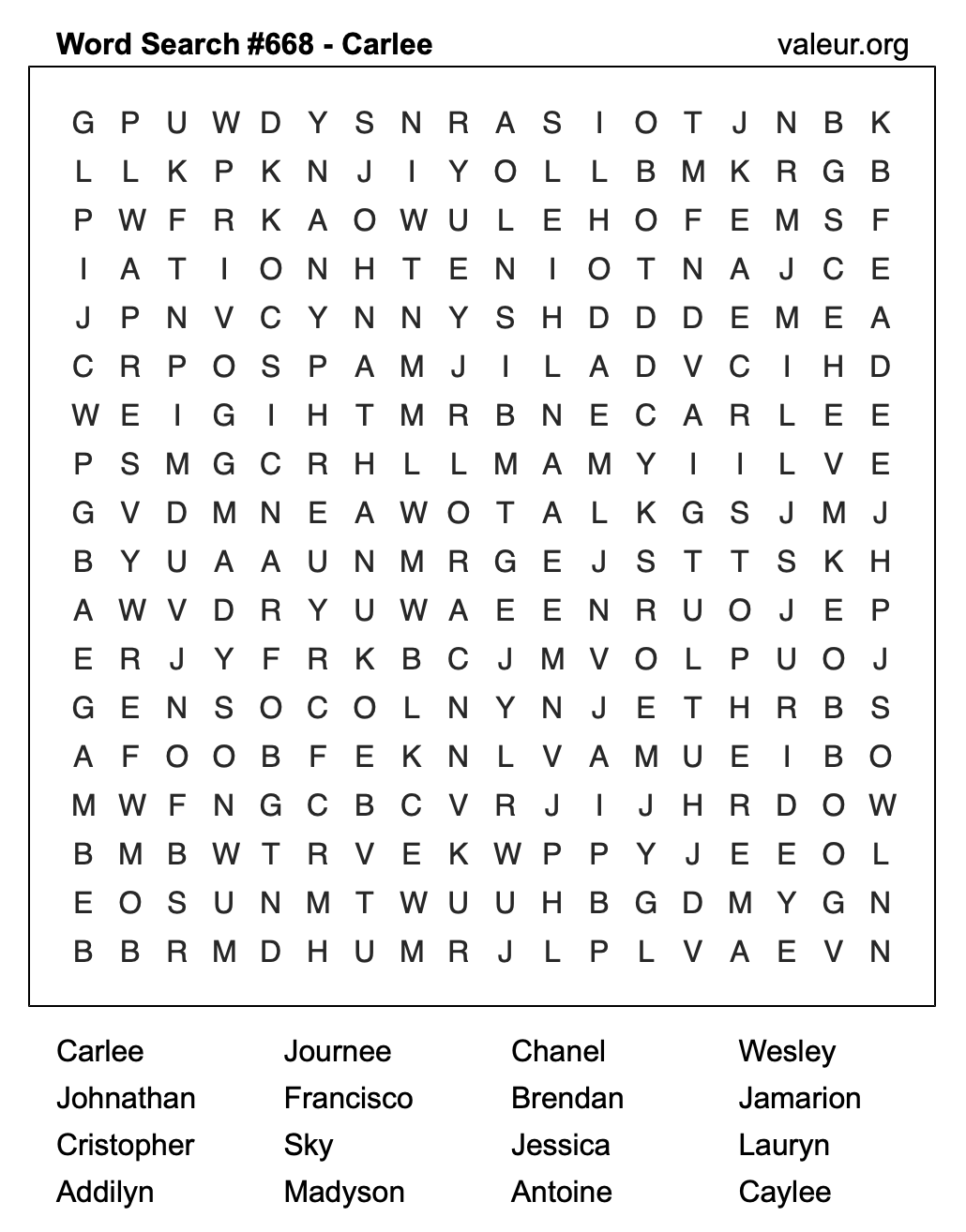 Word Search Puzzle with the name Carlee #668