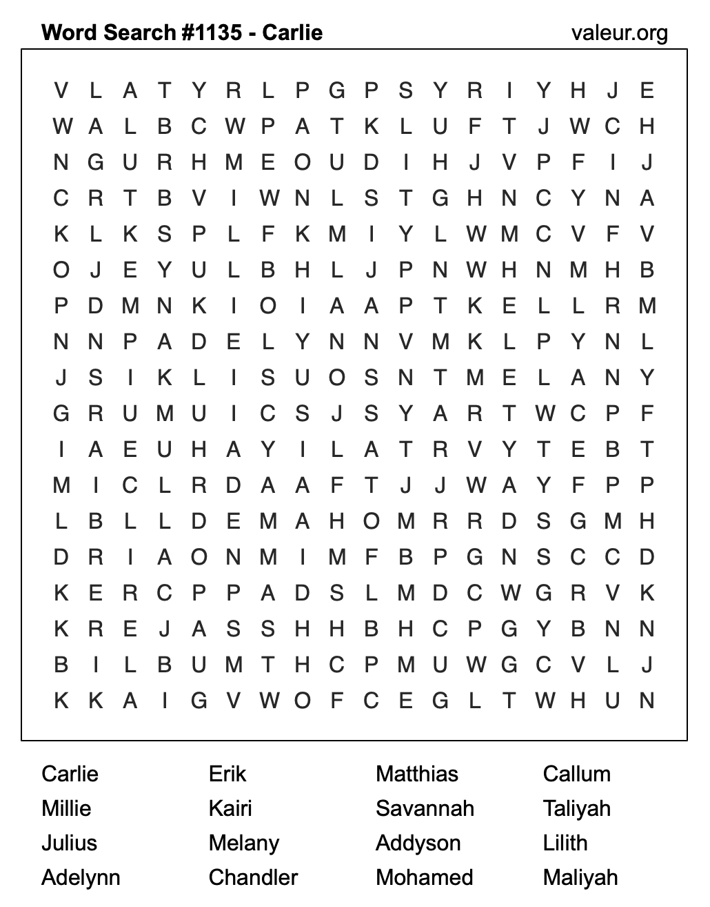 Word Search Puzzle with the name Carlie #1135