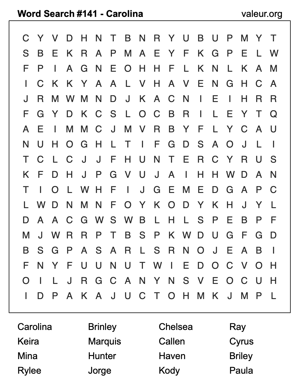 Word Search Puzzle with the name Carolina #141