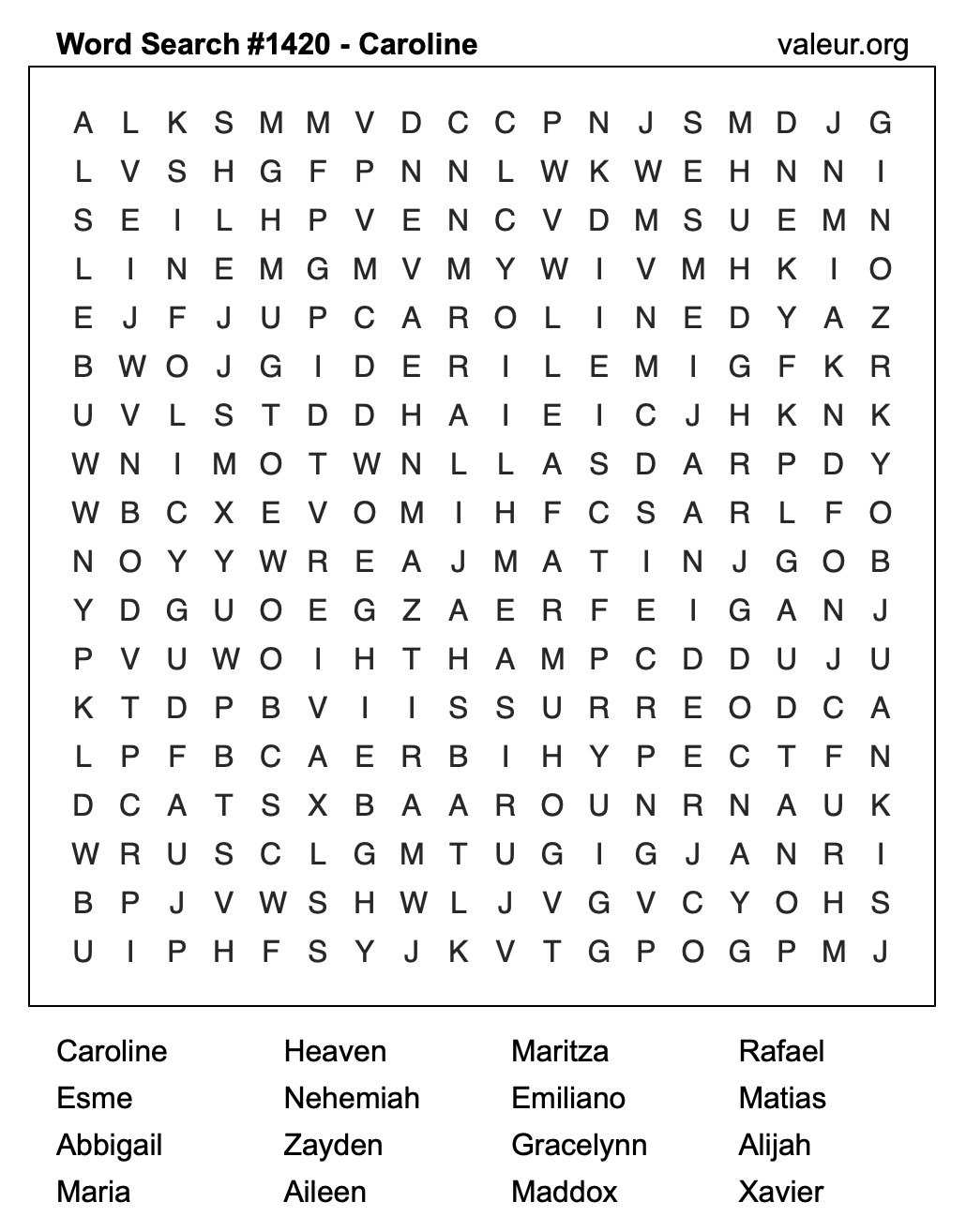 Word Search Puzzle with the name Caroline #1420
